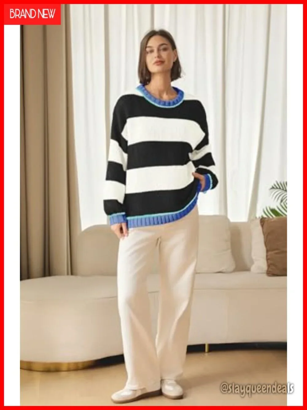 Oversized Chunky Cable Knit Striped Pullover Sweater